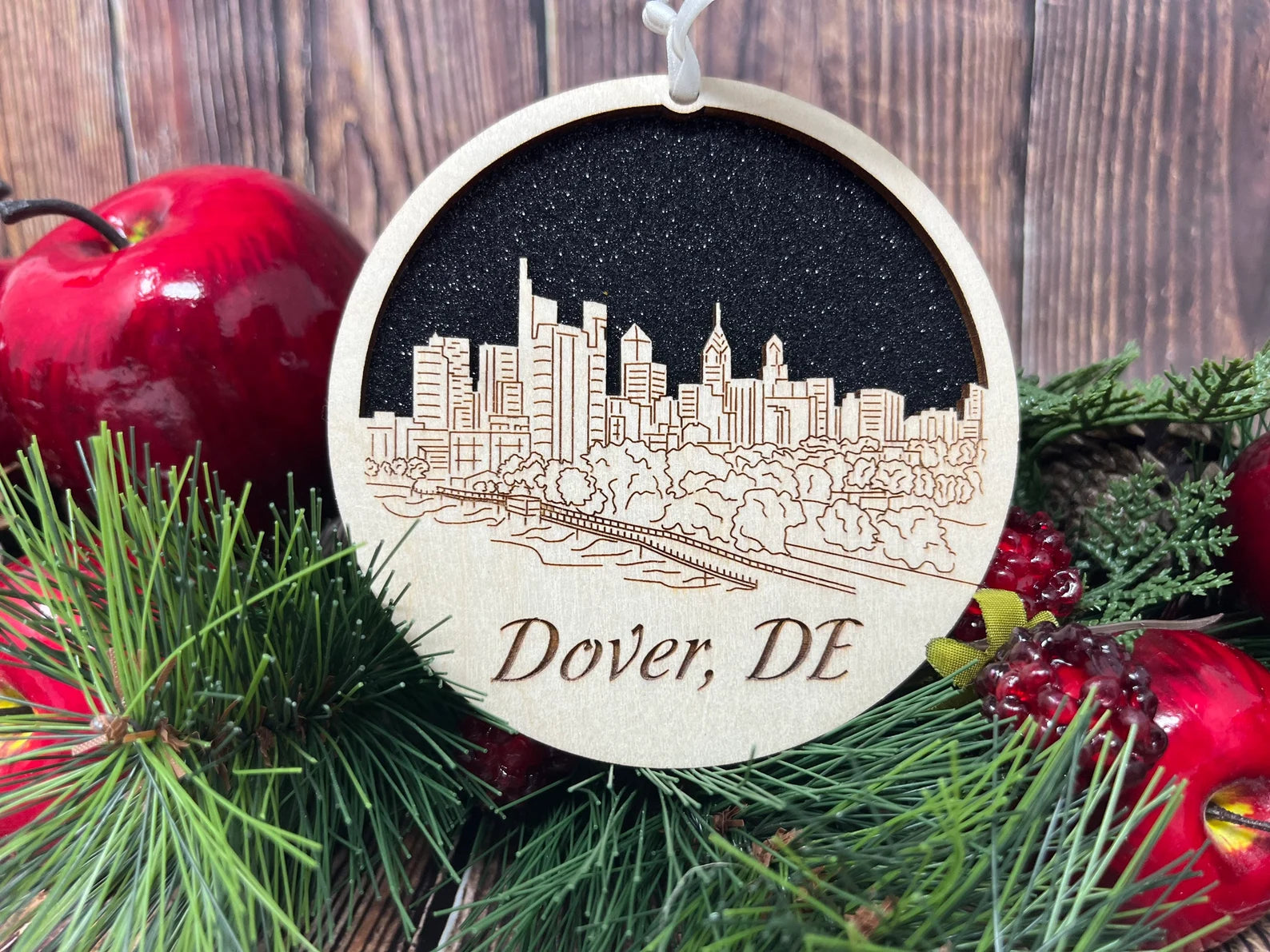 Dover Skyline Ornament made from premium Baltic birch wood, showcasing intricate city skyline design.