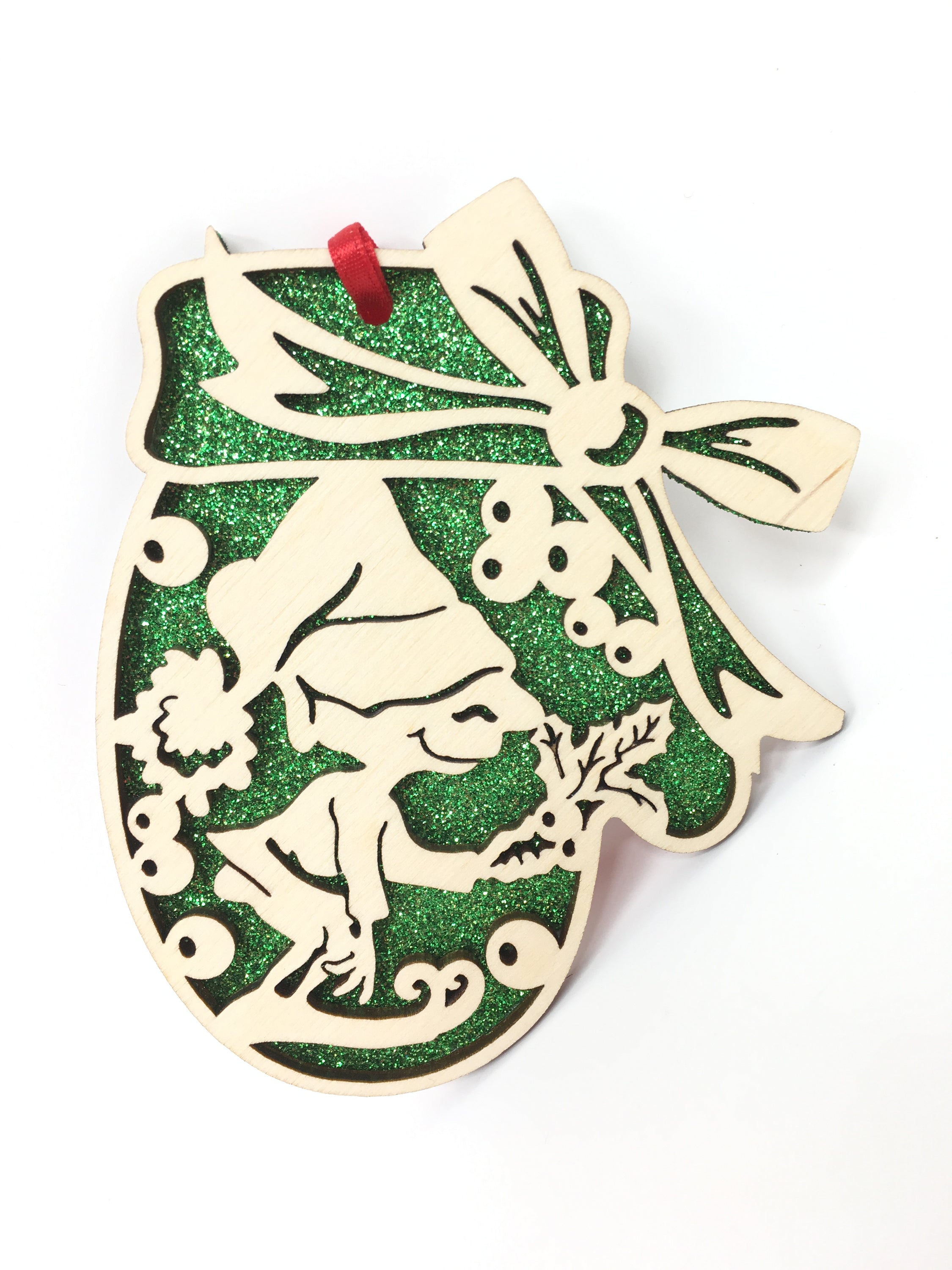 A beautifully crafted Elf Mitten ornament made from premium Baltic Birch wood, featuring intricate laser-cut designs, perfect for holiday gifting.