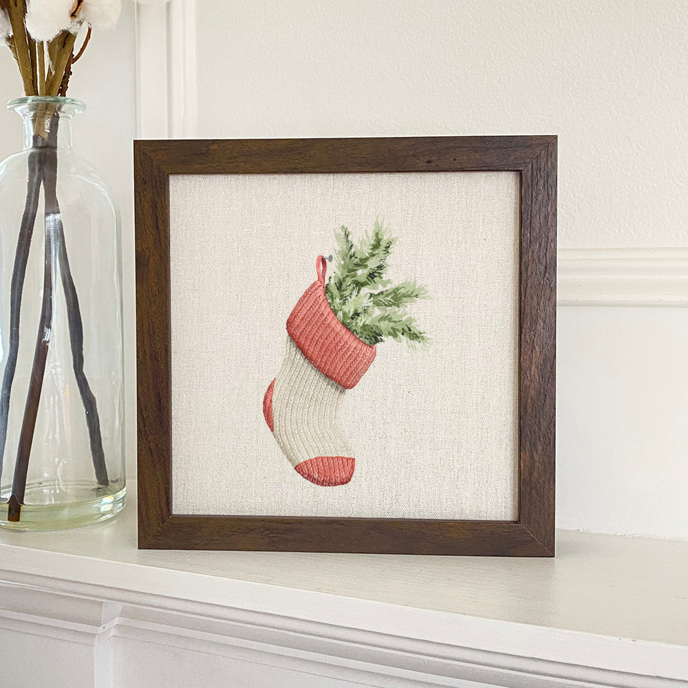 Fairytale Stocking framed sign with a wood frame, featuring a linen-look background and eco-friendly printing.