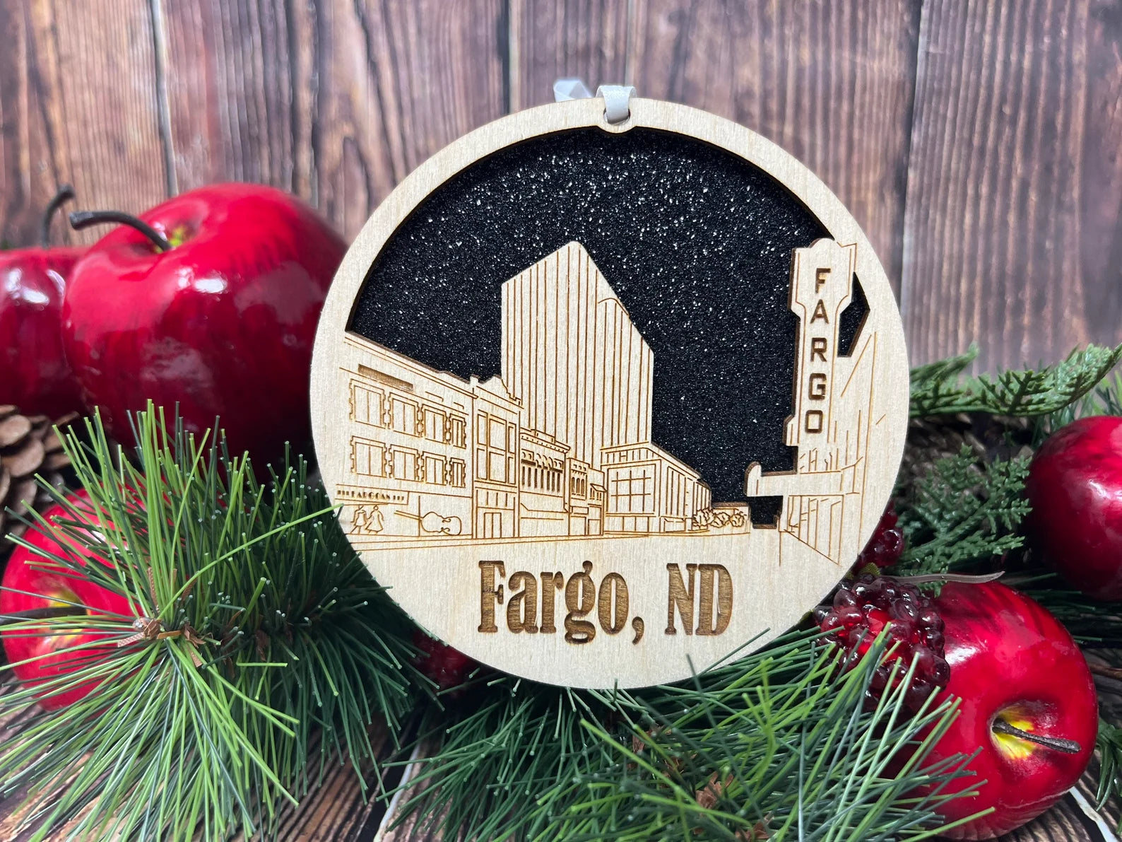 Fargo Skyline Ornament made from premium Baltic birch wood, showcasing intricate skyline design.