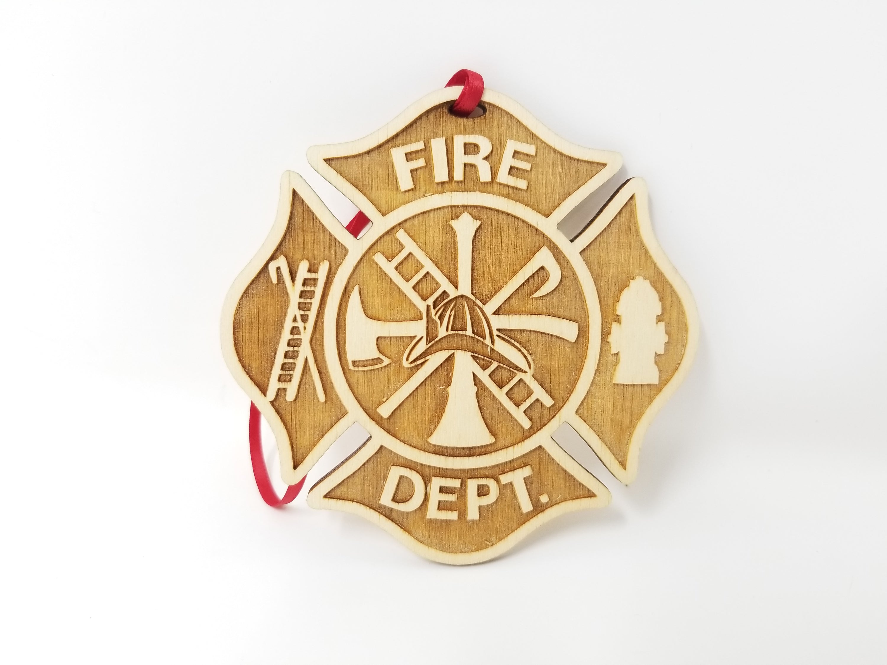 A beautifully crafted wooden ornament shaped like a firefighter, approximately 4 inches in diameter, honoring first responders.