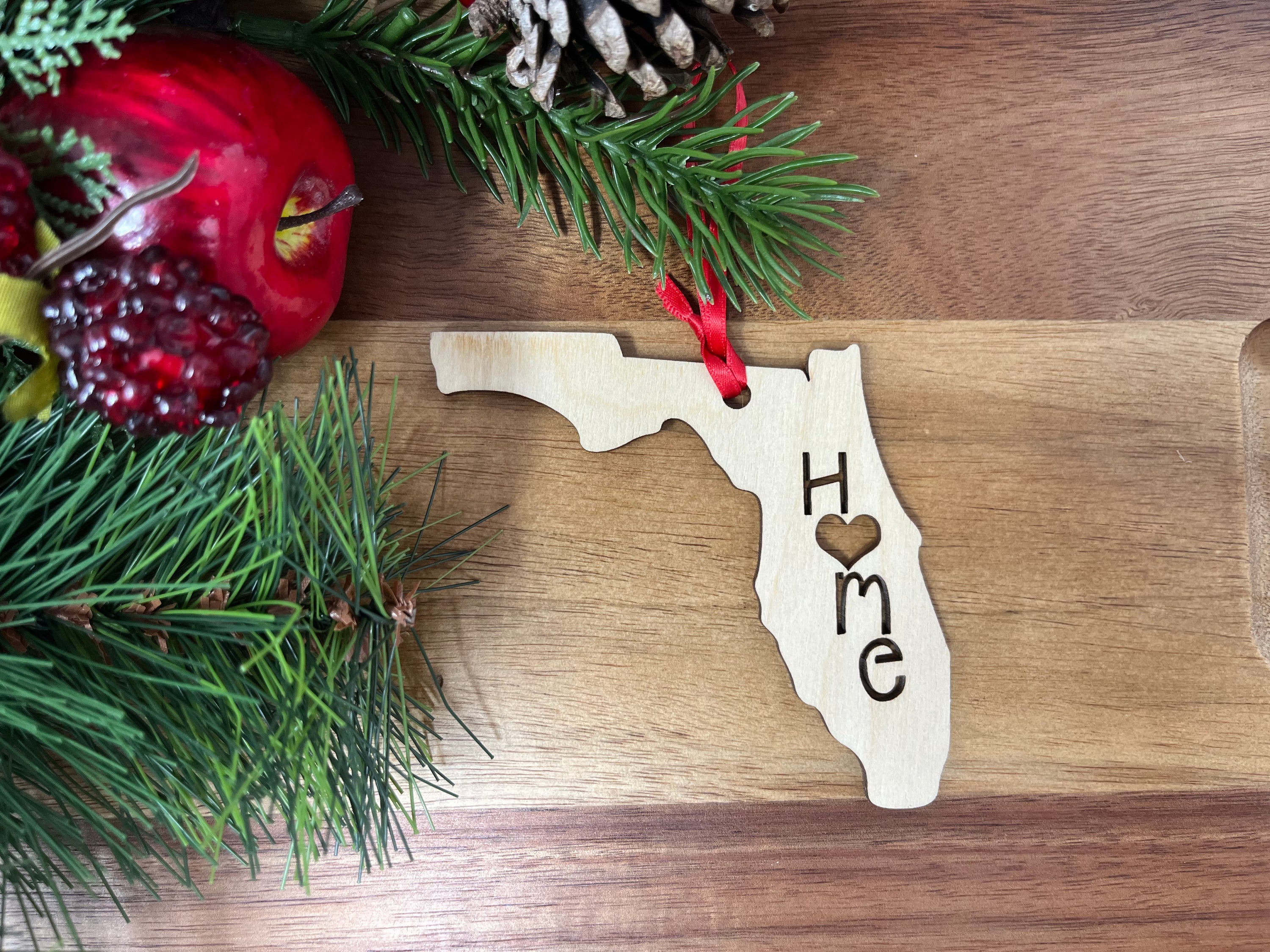 Florida State Wood Christmas Ornament made from premium Baltic Birch, featuring the word 'Home' in a charming design.