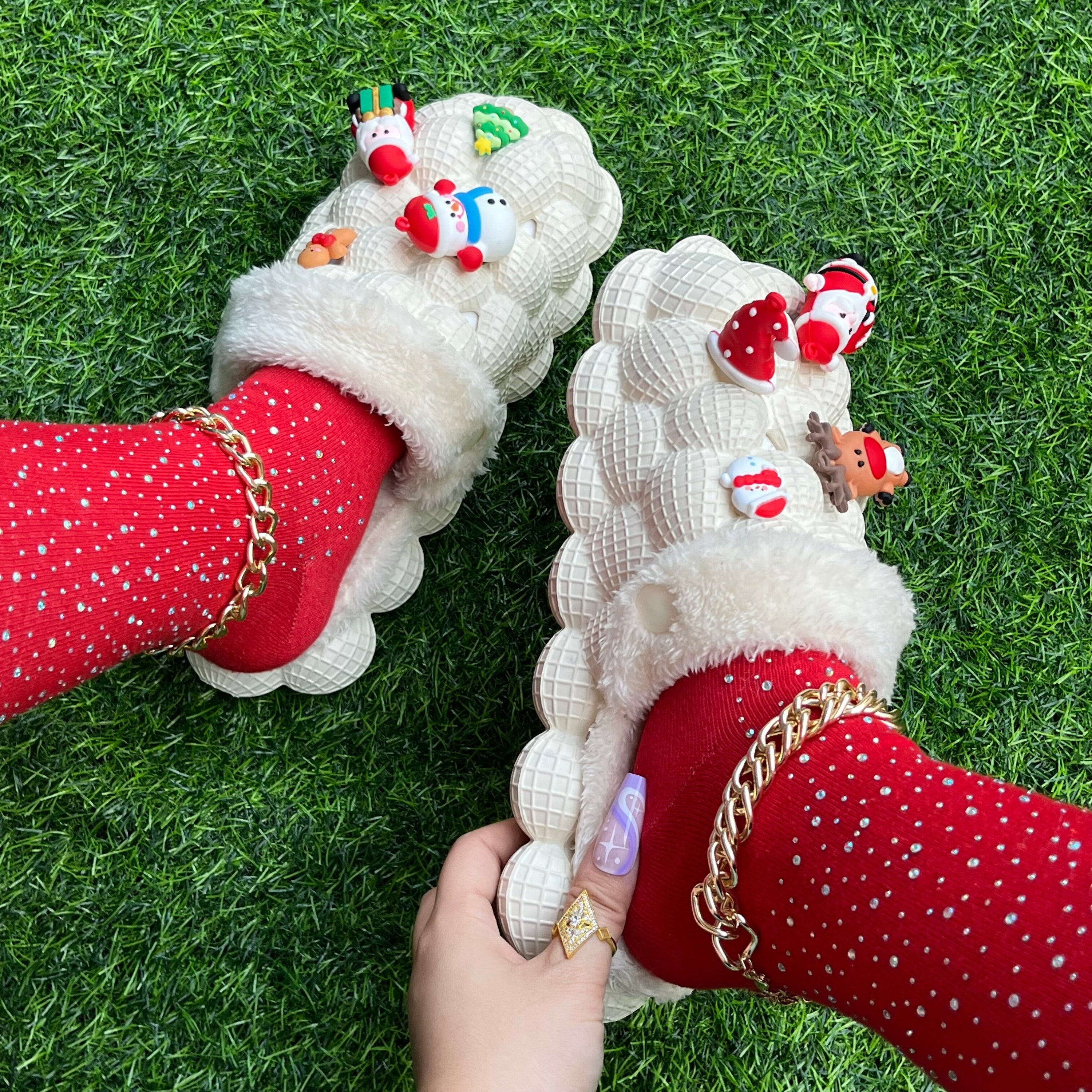 Furry House Slides in festive colors, featuring a bubble design, perfect for Christmas indoor wear.