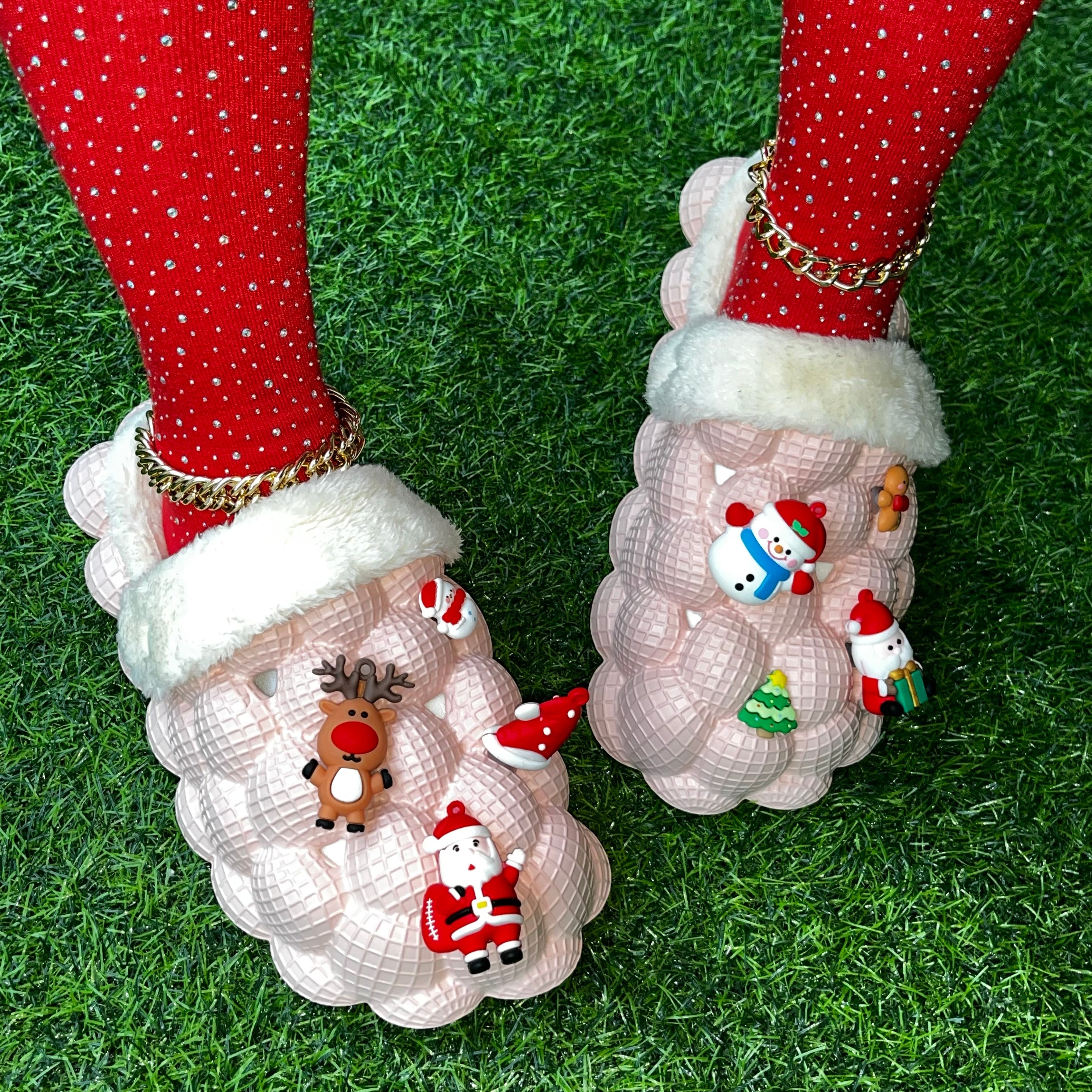 Furry House Slides in festive colors, featuring a bubble design, perfect for Christmas indoor wear.