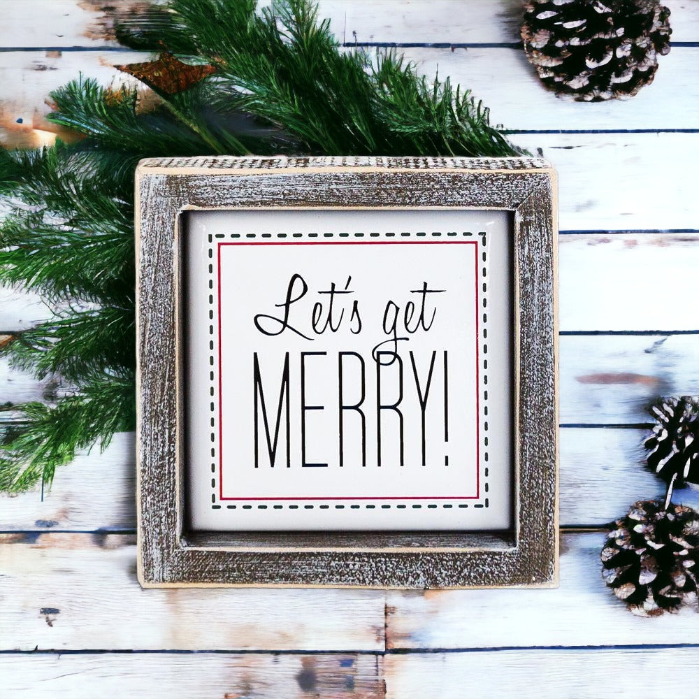 Get Merry 5" Sign featuring a wooden frame and metal embossed lettering with a red border, perfect for holiday decor.