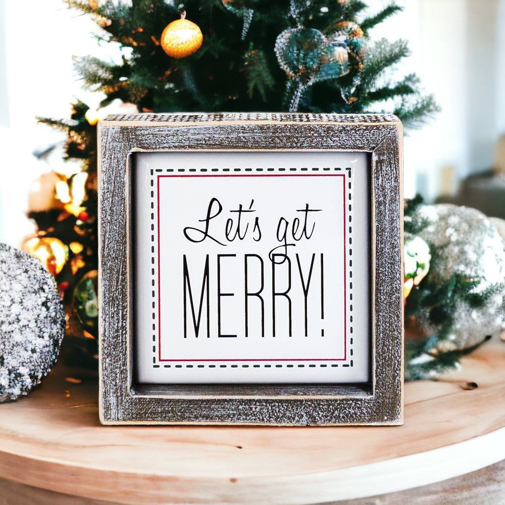 Get Merry 5" Sign featuring a wooden frame and metal embossed lettering with a red border, perfect for holiday decor.