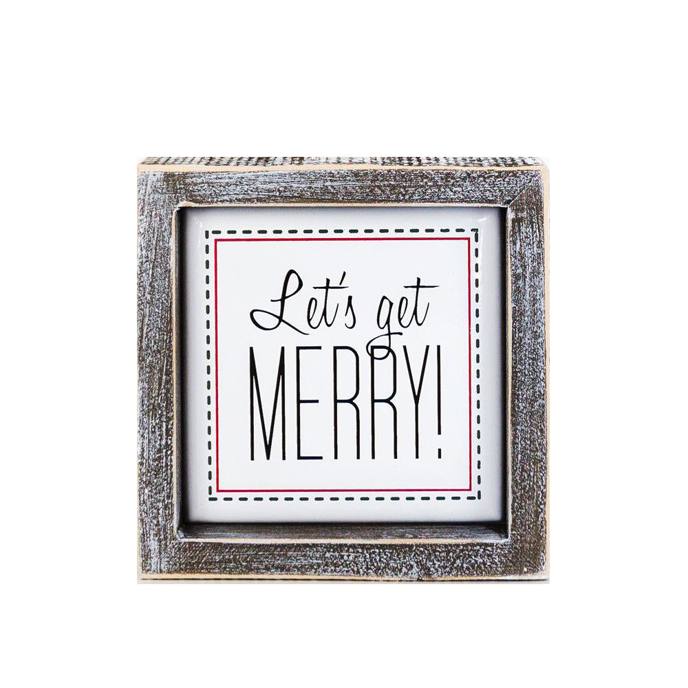 Get Merry 5" Sign featuring a wooden frame and metal embossed lettering with a red border, perfect for holiday decor.