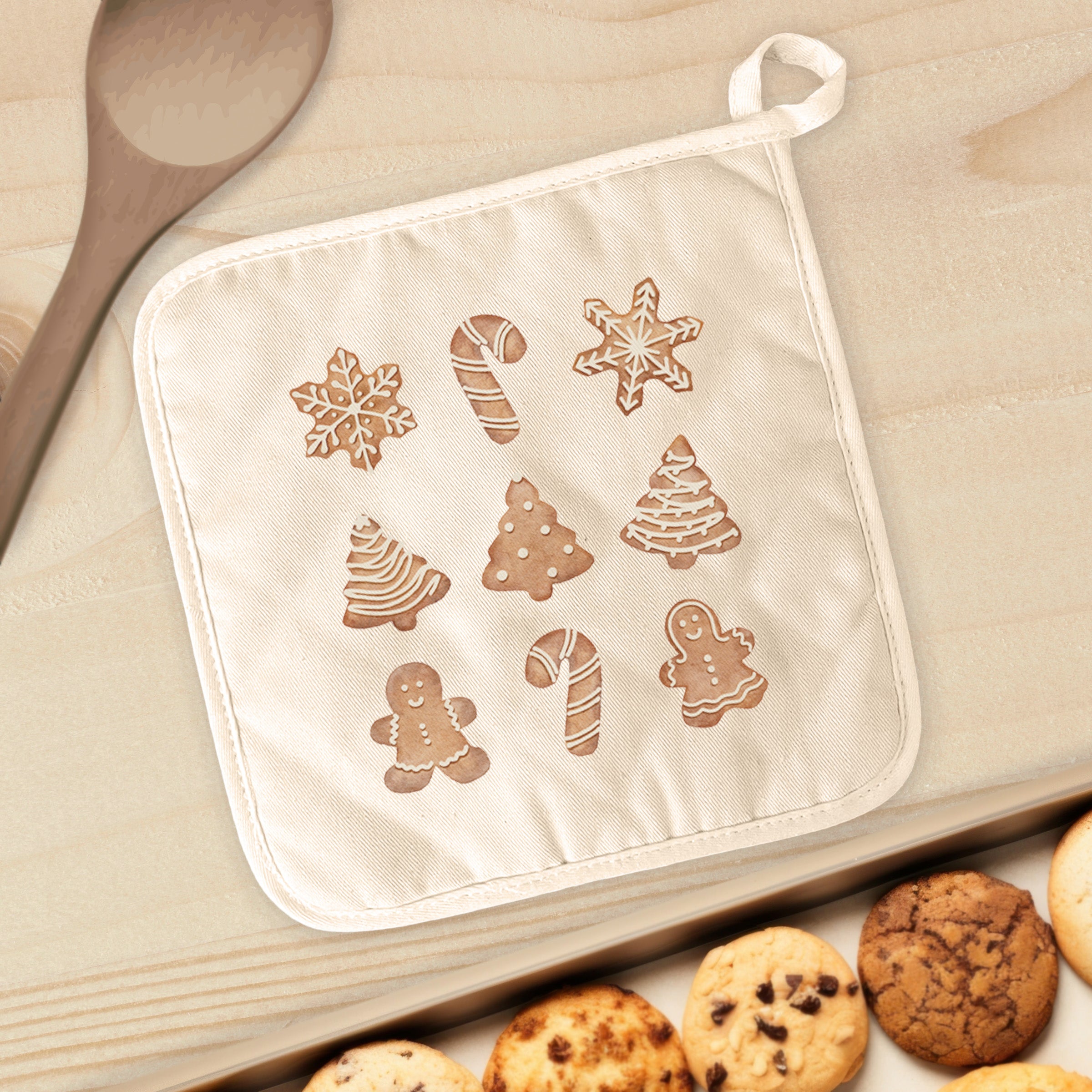 Gingerbread Cookies cotton pot holder featuring a festive design, perfect for protecting surfaces from hot cookware.