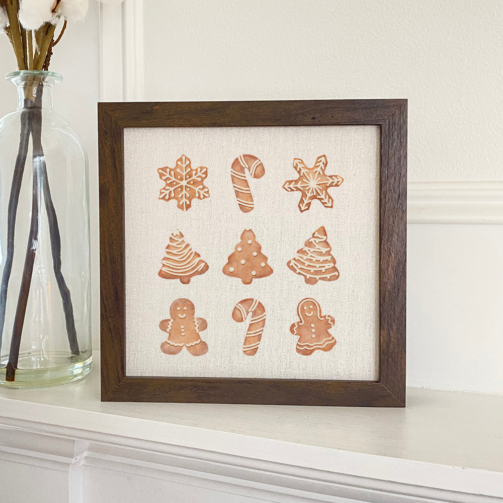 Gingerbread Cookies framed sign with a stylized wood frame, featuring eco-friendly printing on a linen-look background.