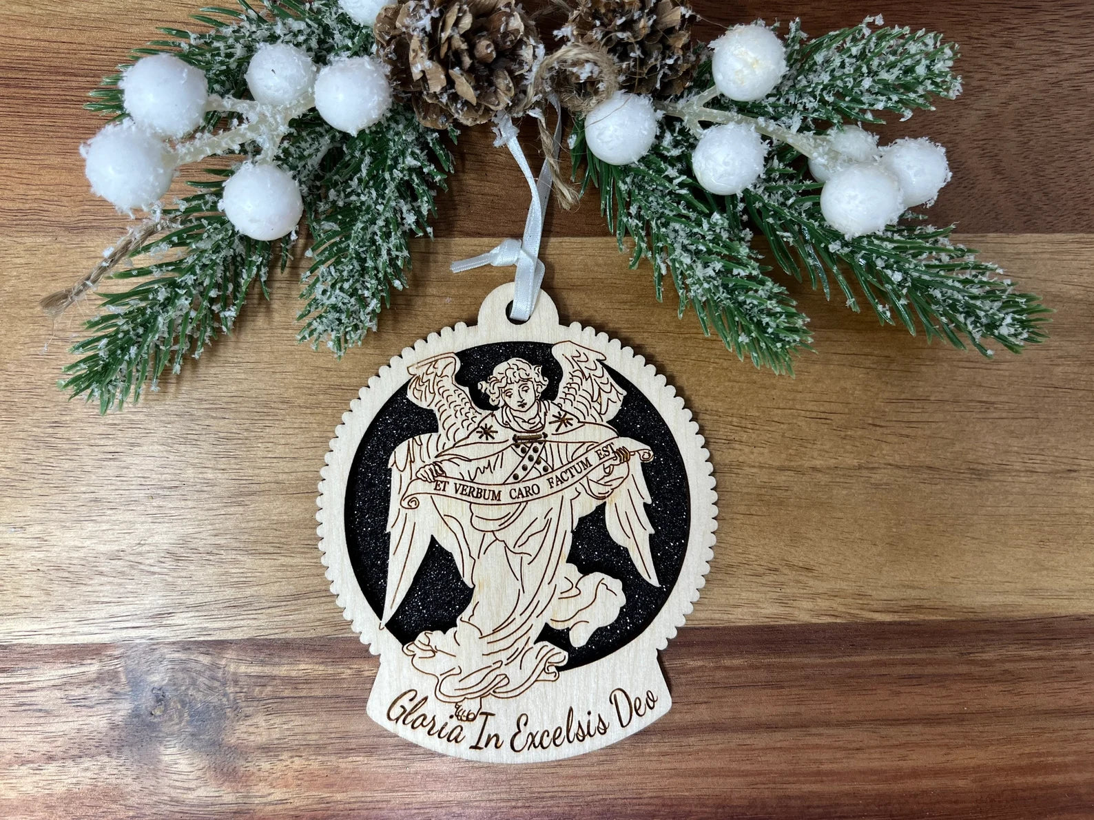 Gloria ornament made of premium Baltic Birch wood, featuring intricate laser-cut designs, perfect for holiday decorations.