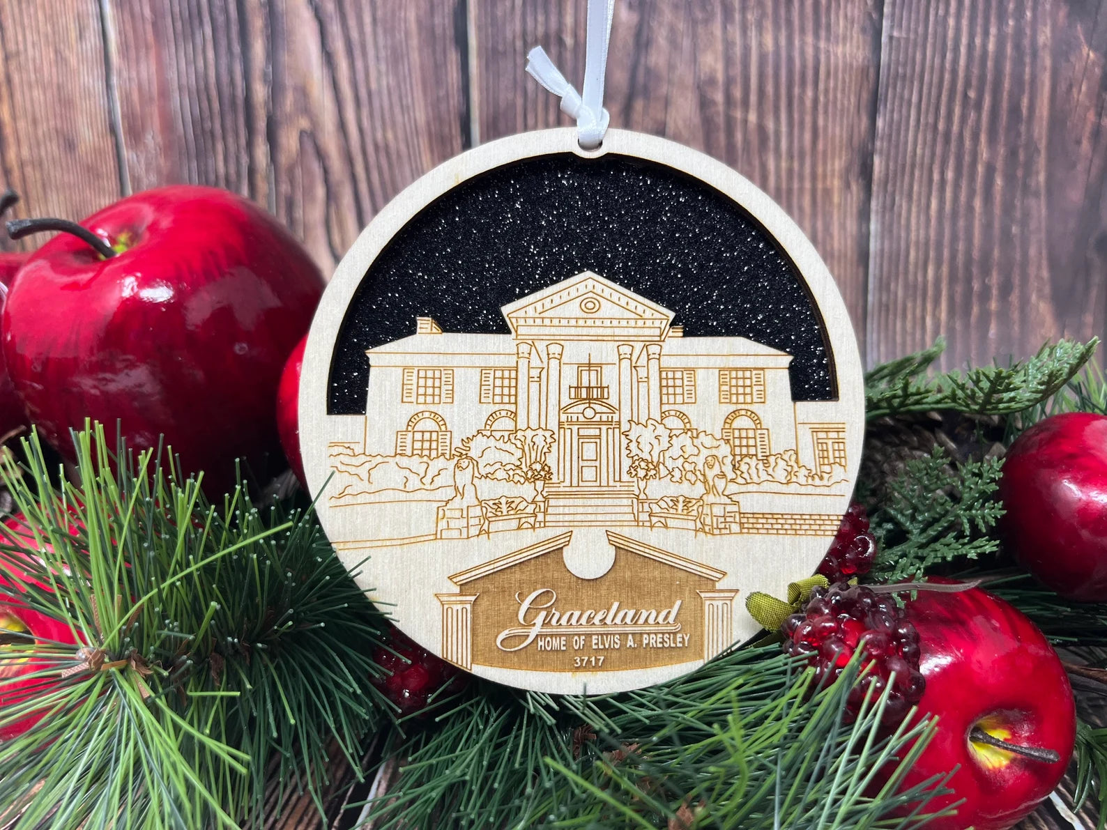 Graceland Skyline Ornament made from premium Baltic birch wood, showcasing a detailed city skyline design.