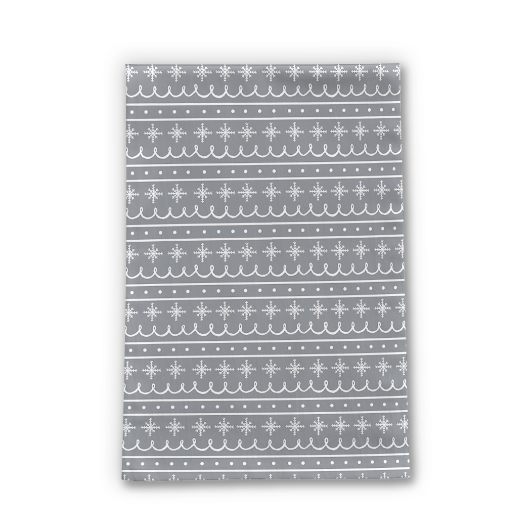 Gray tea towel featuring a snowflake pattern, made of cotton twill, measuring 18x30 inches, ideal for kitchen use and decoration.