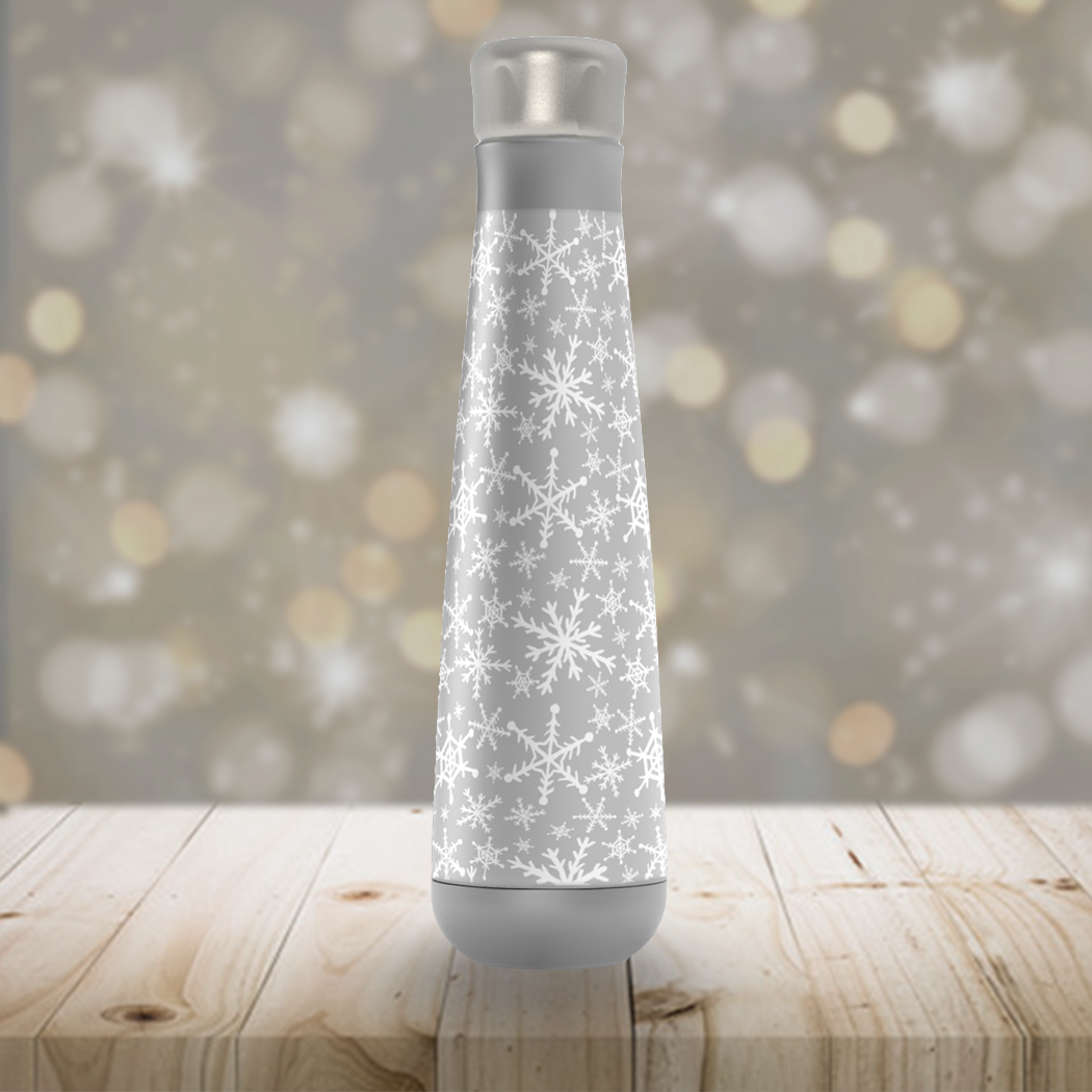 Gray Snowflakes Peristyle Water Bottle made of stainless steel, featuring a stylish snowflake design, screw-on lid, and vacuum insulation for temperature retention.