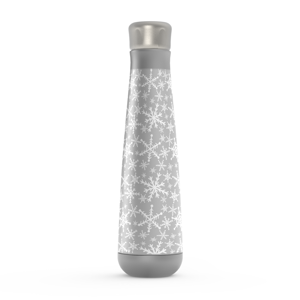 Gray Snowflakes Peristyle Water Bottle made of stainless steel, featuring a stylish snowflake design, screw-on lid, and vacuum insulation for temperature retention.