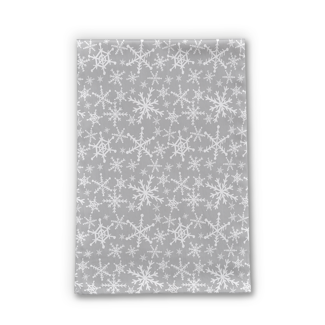 Gray Snowflakes Tea Towel featuring a cozy snowflake design on durable cotton twill fabric, perfect for kitchen use and decoration.