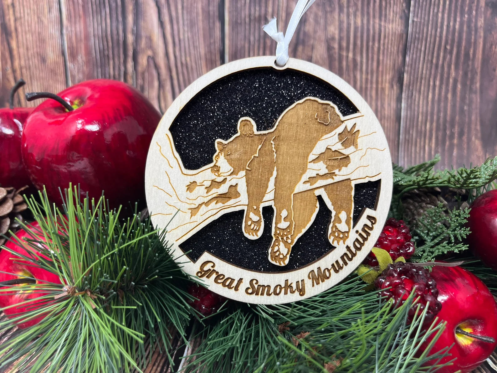 Great Smokey Mountains Ornament made from premium Baltic birch wood, featuring a detailed skyline design.