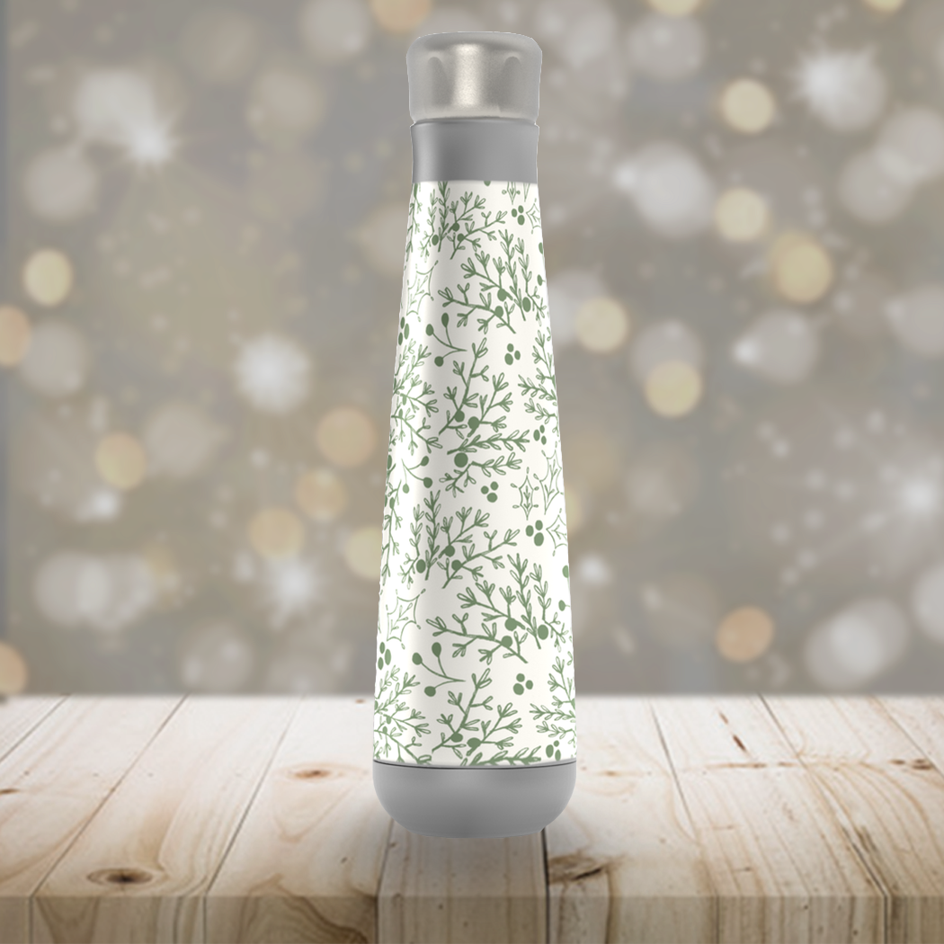 Green Christmas Branch Peristyle Water Bottle made of stainless steel, featuring a festive design and vacuum insulation for temperature retention.