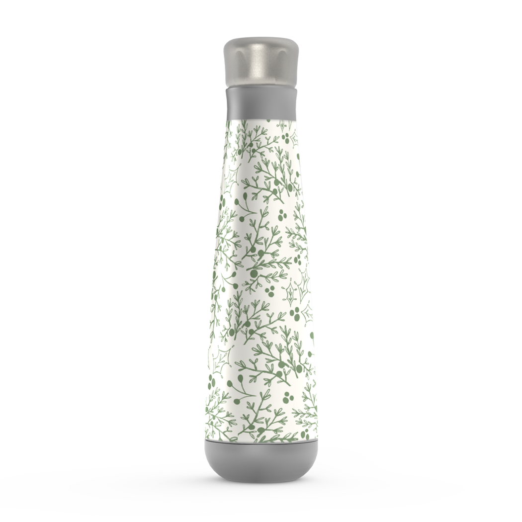 Green Christmas Branch Peristyle Water Bottle made of stainless steel, featuring a festive design and vacuum insulation for temperature retention.