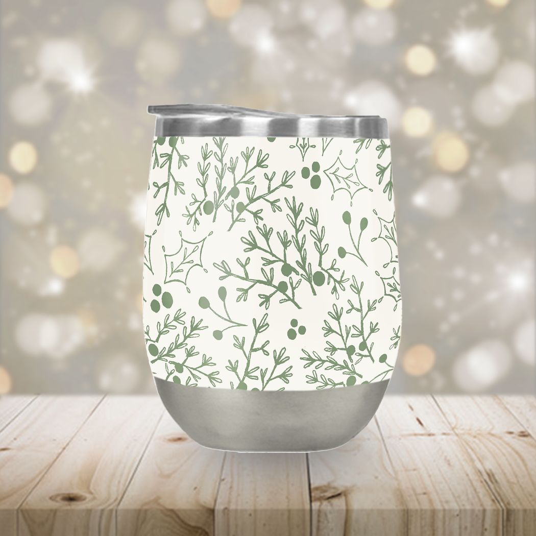 Green Christmas Branch Stemless Wine Tumbler with festive design, perfect for outdoor gatherings and holiday celebrations.