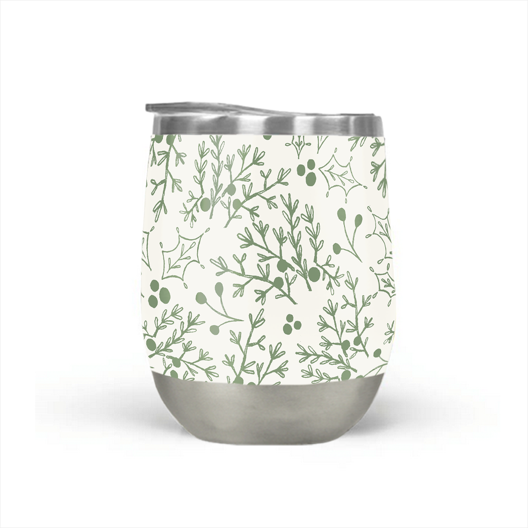 Green Christmas Branch Stemless Wine Tumbler with festive design, perfect for outdoor gatherings and holiday celebrations.