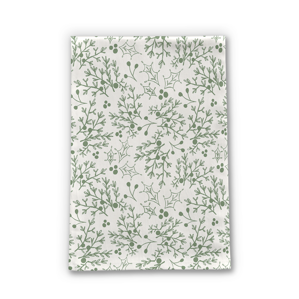 A festive Green Christmas Branch Tea Towel made of cotton twill, featuring a charming green branch design, perfect for holiday kitchen decor.