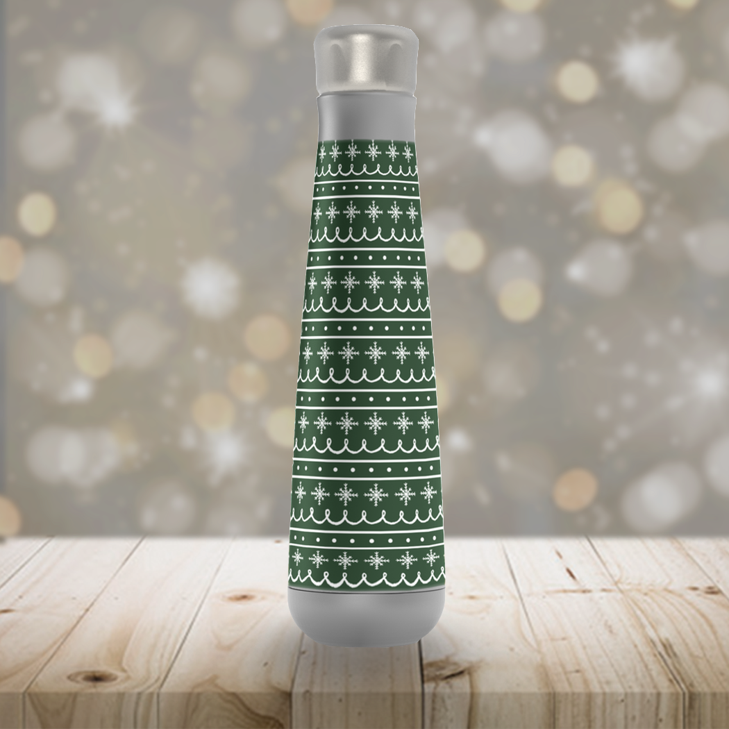 Green Snowflake Pattern Peristyle Water Bottle made of stainless steel, featuring a screw-on lid and vacuum insulation for temperature retention.