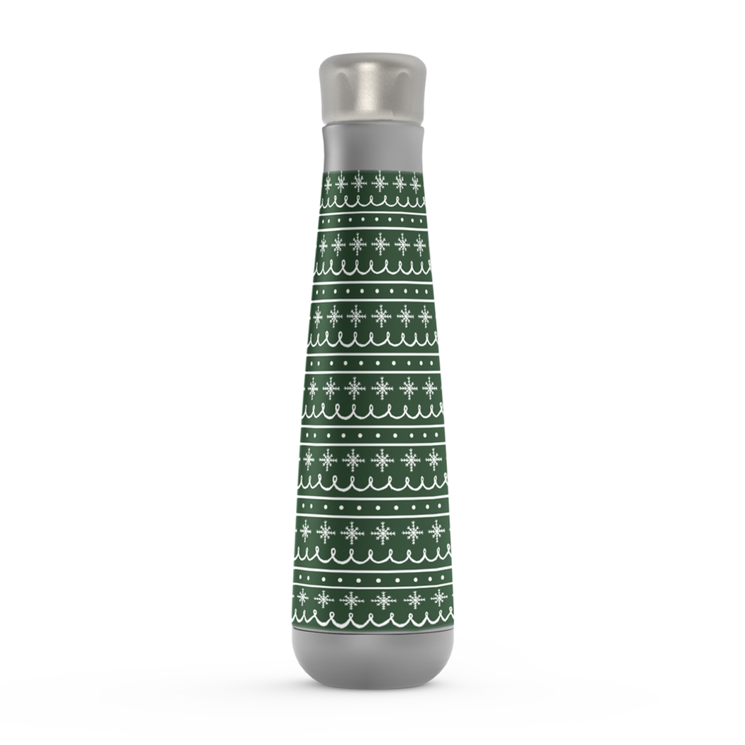 Green Snowflake Pattern Peristyle Water Bottle made of stainless steel, featuring a screw-on lid and vacuum insulation for temperature retention.