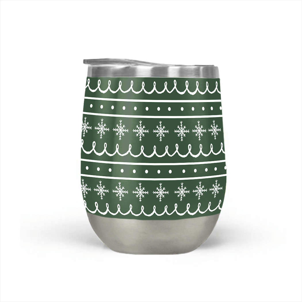 Green Snowflake Pattern Stemless Wine Tumbler with double-wall insulation and plastic lid, perfect for outdoor use.