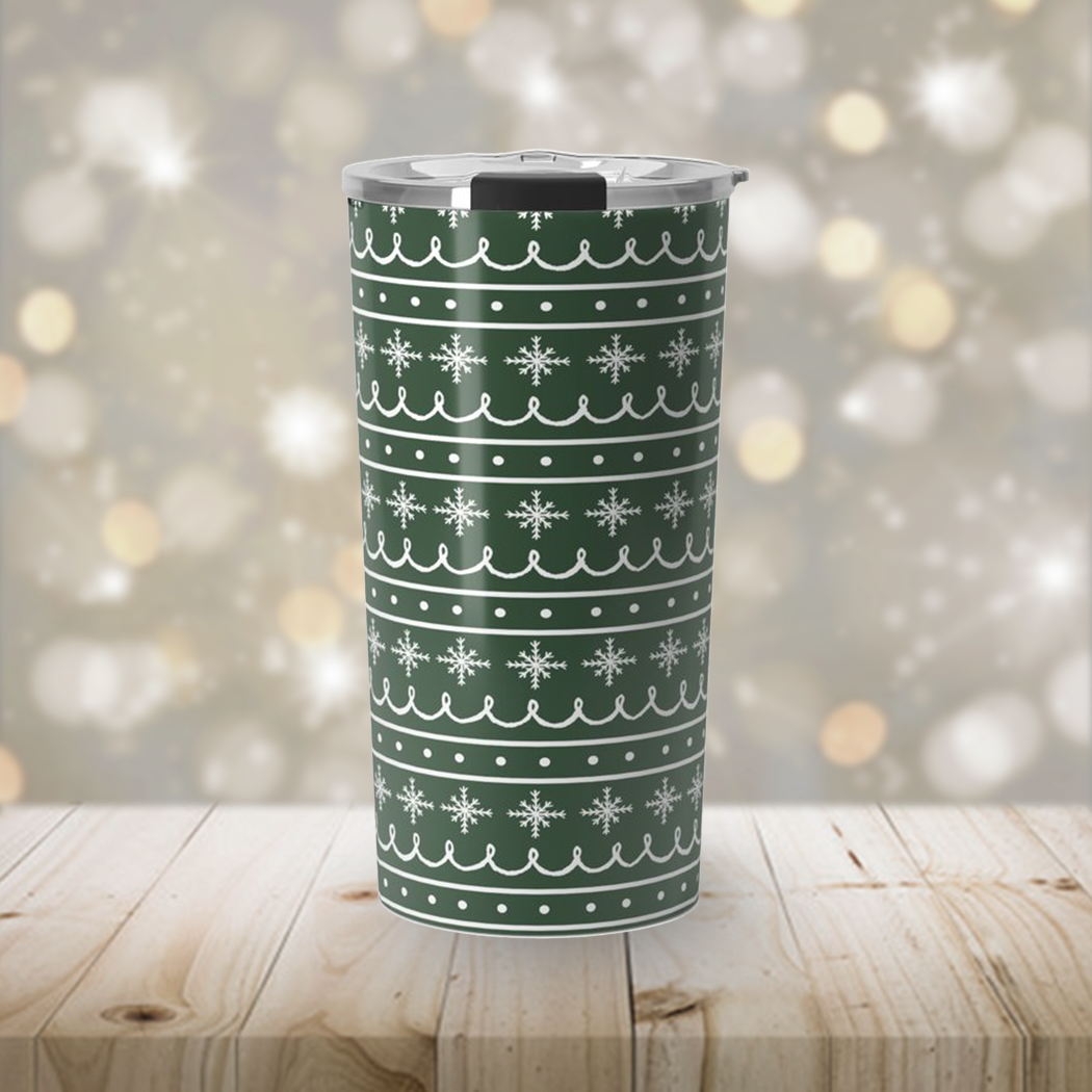 Green Snowflake Pattern Travel Coffee Mug made of stainless steel with double-wall insulation, featuring a festive snowflake design.