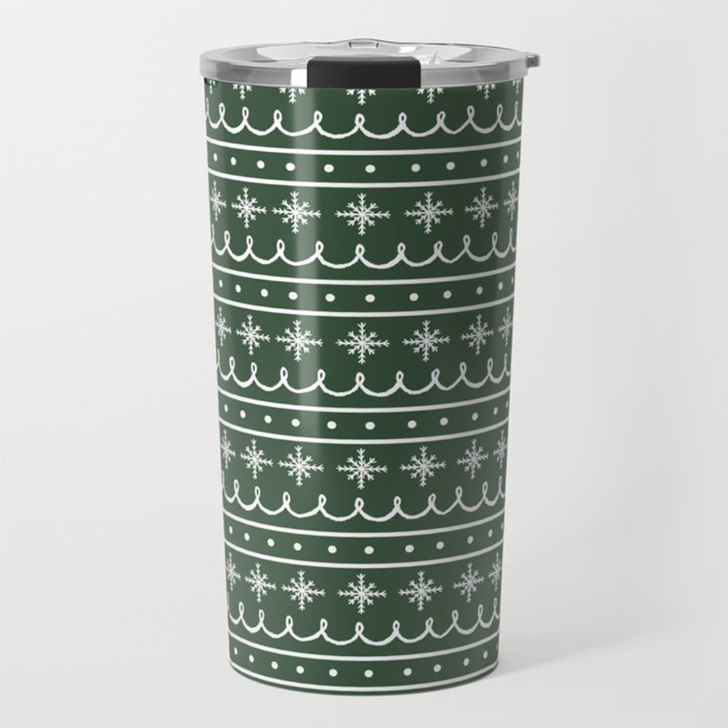 Green Snowflake Pattern Travel Coffee Mug made of stainless steel with double-wall insulation, featuring a festive snowflake design.