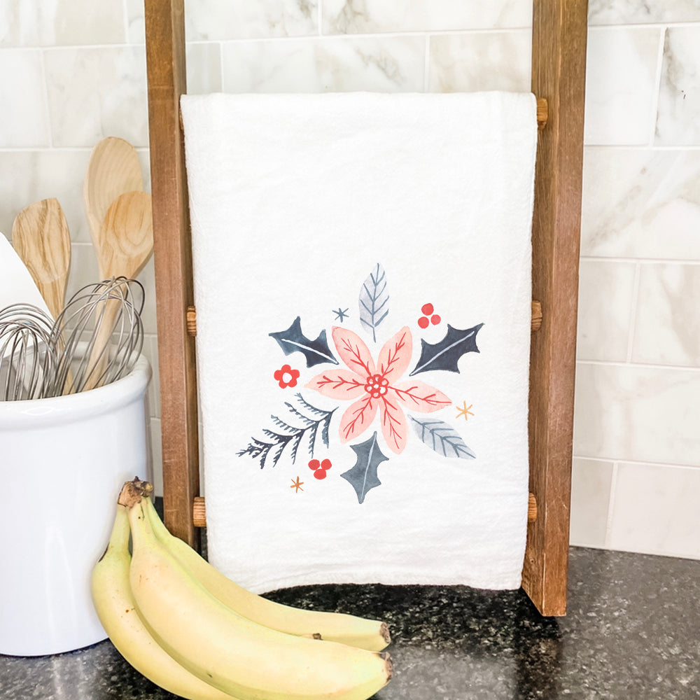 Hand Drawn Pink Poinsettia Cotton Tea Towel featuring vibrant floral design on a white background.