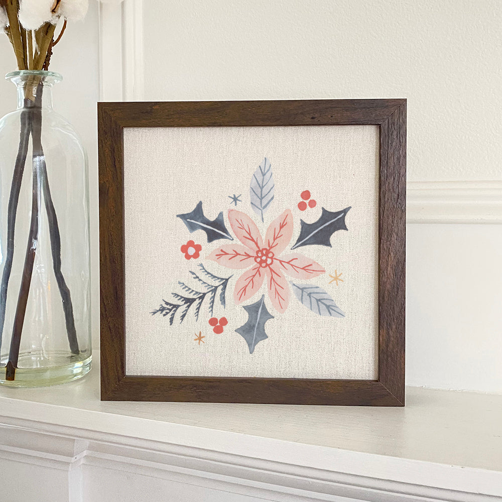 Hand Drawn Pink Poinsettia framed sign with a wood frame, featuring a vibrant floral design on a linen-look background.