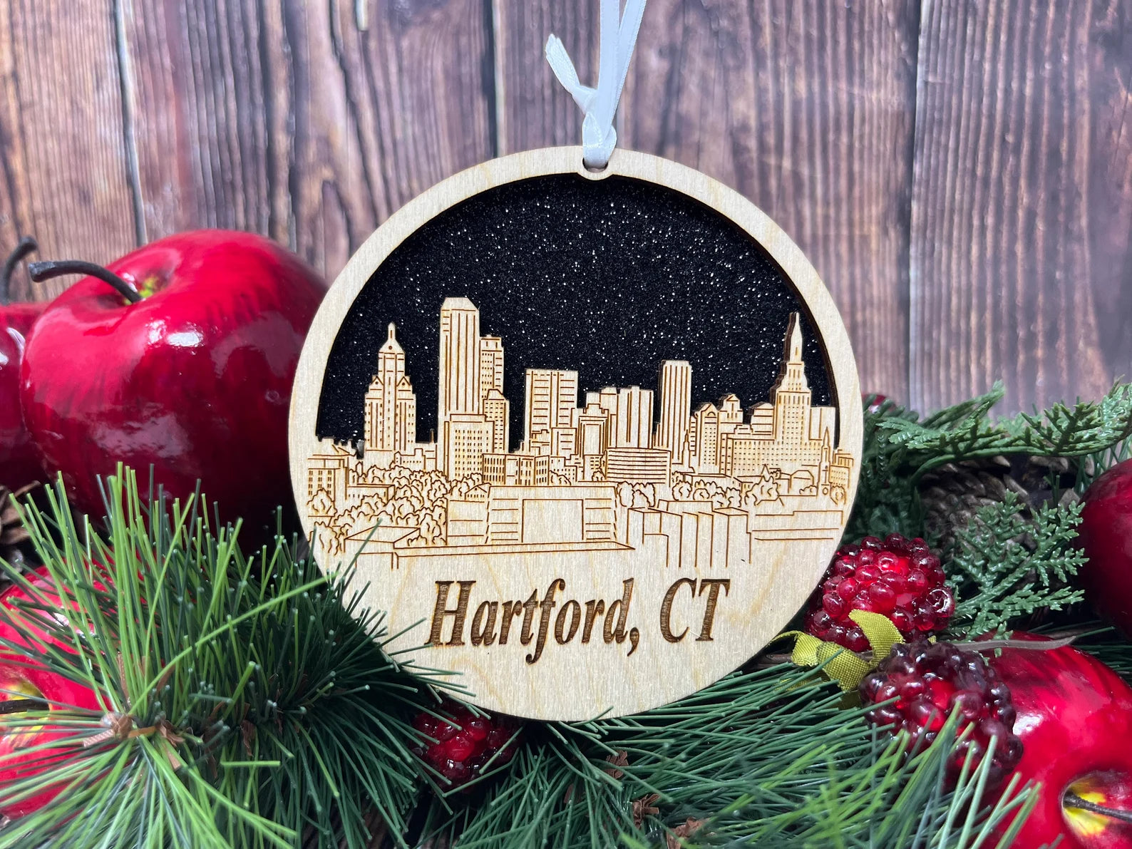 Hartford Skyline Ornament made from premium Baltic birch wood, showcasing the city's skyline design.