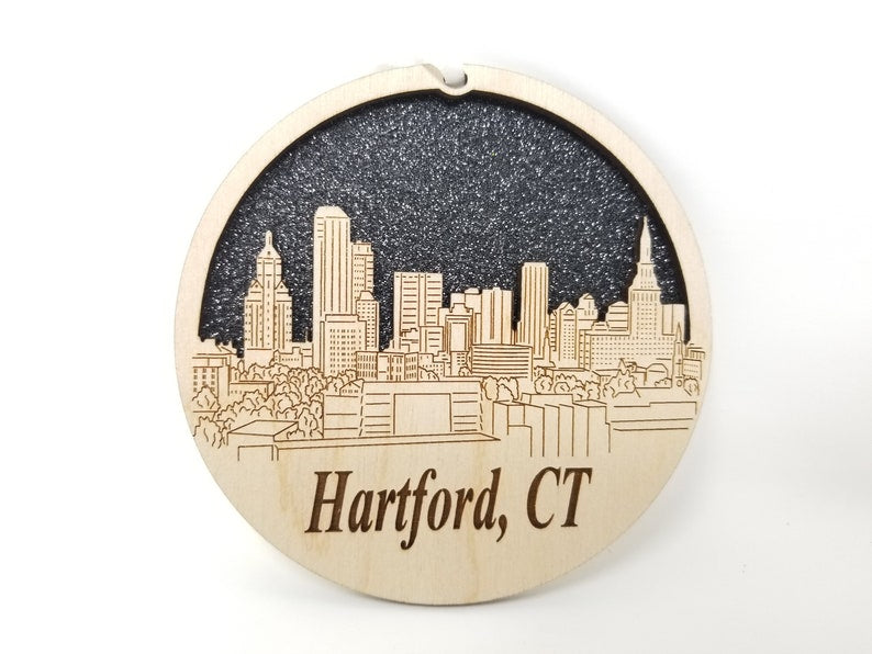 Hartford Skyline Ornament made from premium Baltic birch wood, showcasing the city's skyline design.