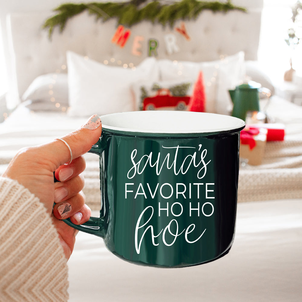 Festive Ho Ho Hoe Mug in red and green ceramic with white lettering, perfect for holiday beverages.