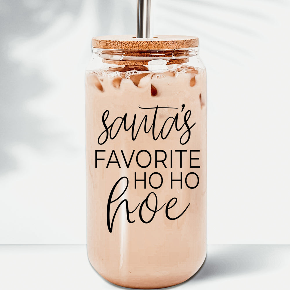 Ho Ho Hoe Set Cup Set featuring glass cups with bamboo lids and stainless steel straws, perfect for festive drinks.