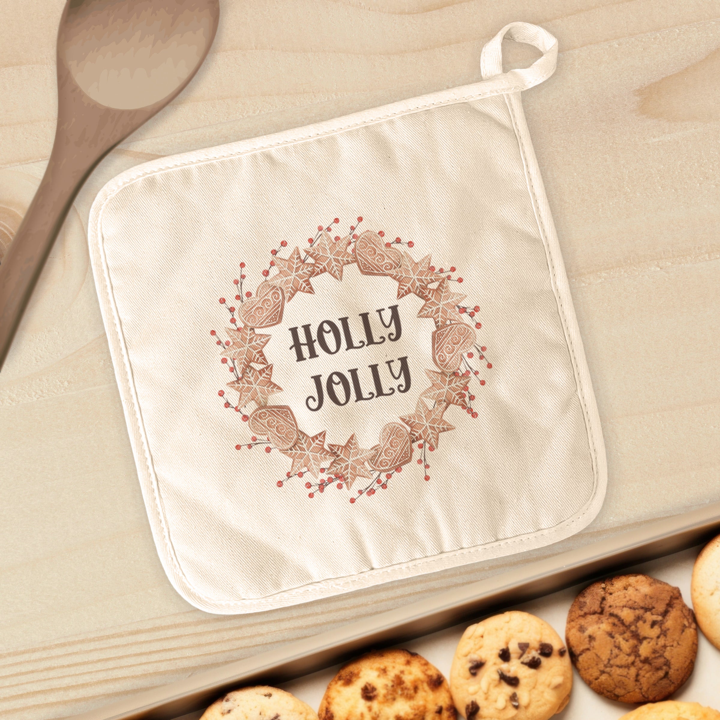 Holly Jolly Gingerbread Wreath Cotton Pot Holder featuring a festive gingerbread design, perfect for protecting surfaces from hot cookware.