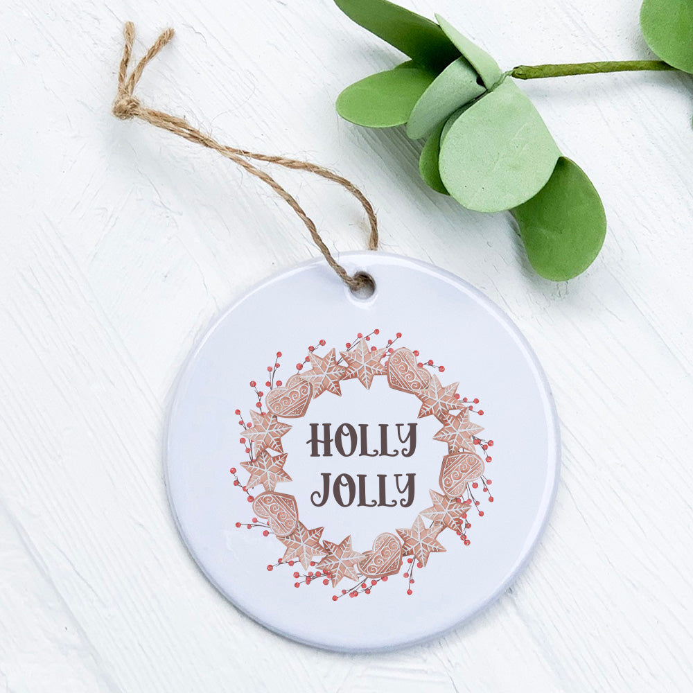 Holly Jolly Gingerbread Wreath ornament made of high-quality porcelain, featuring a festive design perfect for holiday decorations.