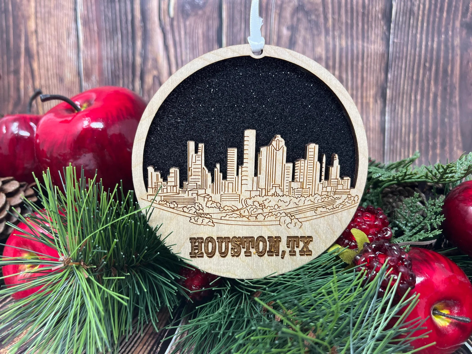 Houston Skyline Ornament made from premium Baltic birch wood, showcasing intricate skyline details.