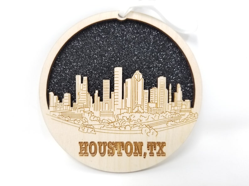 Houston Skyline Ornament made from premium Baltic birch wood, showcasing intricate skyline details.