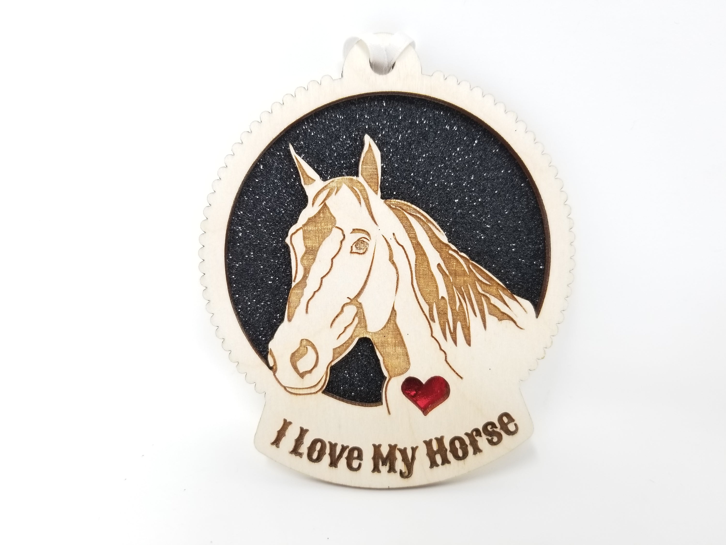 A beautifully crafted wooden ornament featuring a horse design, made from premium Baltic Birch wood, perfect for holiday decorations.