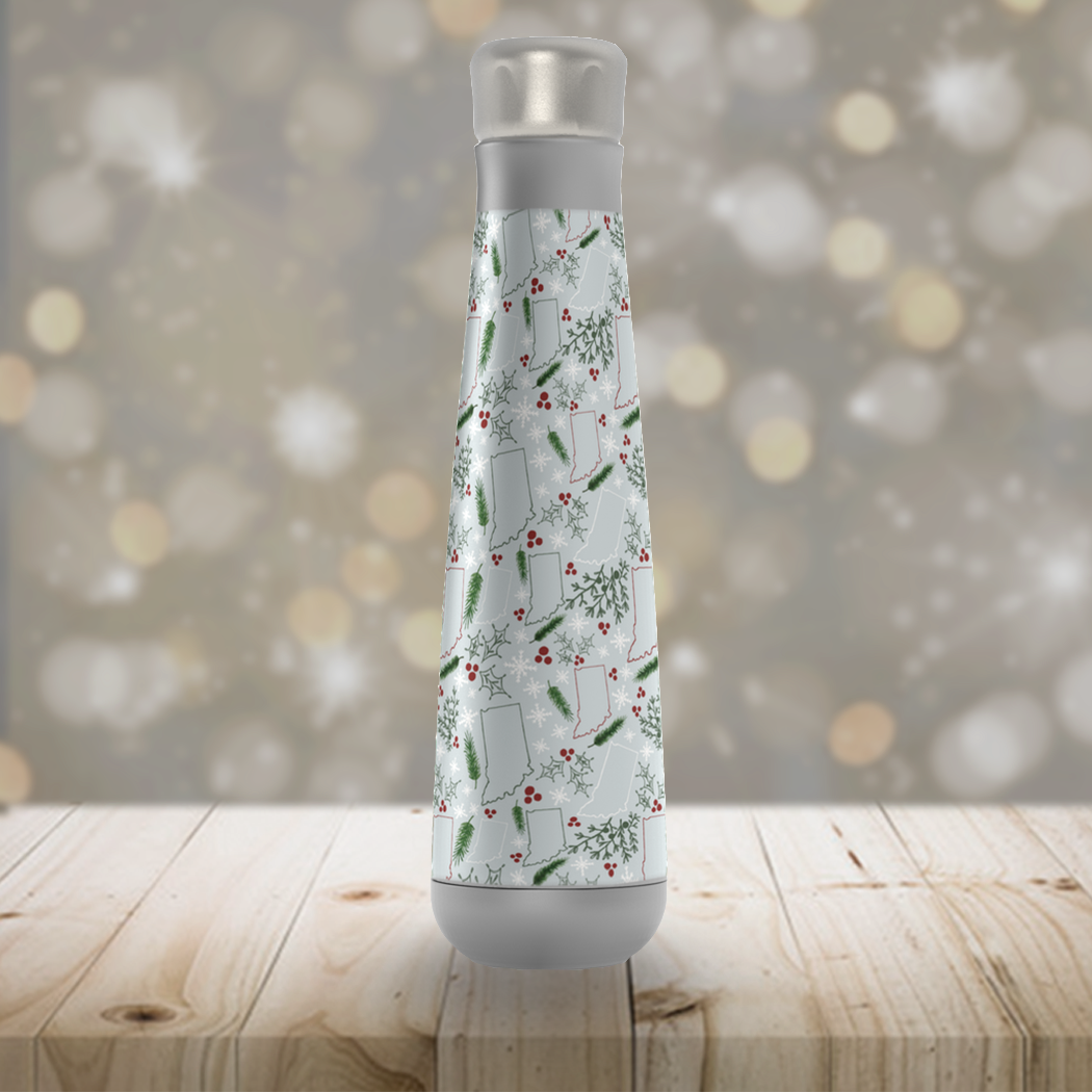 Indiana Christmas Peristyle Water Bottle in stainless steel, showcasing its sleek design and vacuum insulation features.