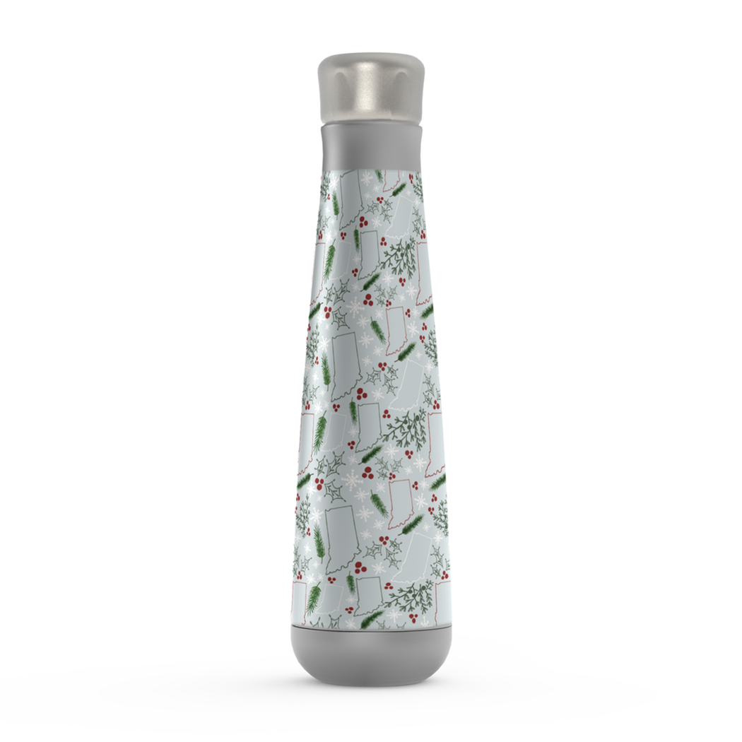 Indiana Christmas Peristyle Water Bottle in stainless steel, showcasing its sleek design and vacuum insulation features.