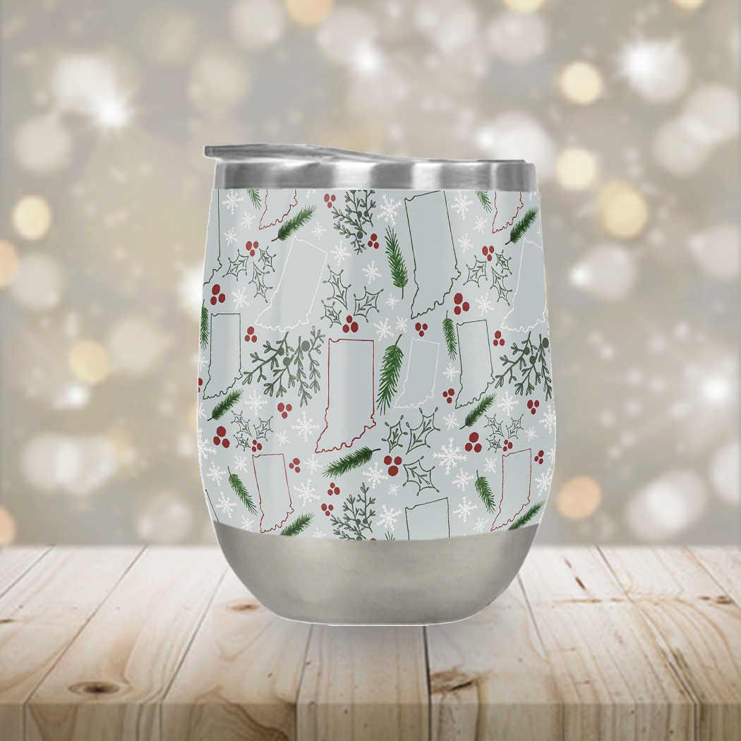 Indiana Christmas Stemless Wine Tumbler made of stainless steel with a festive design, perfect for outdoor parties and holiday celebrations.