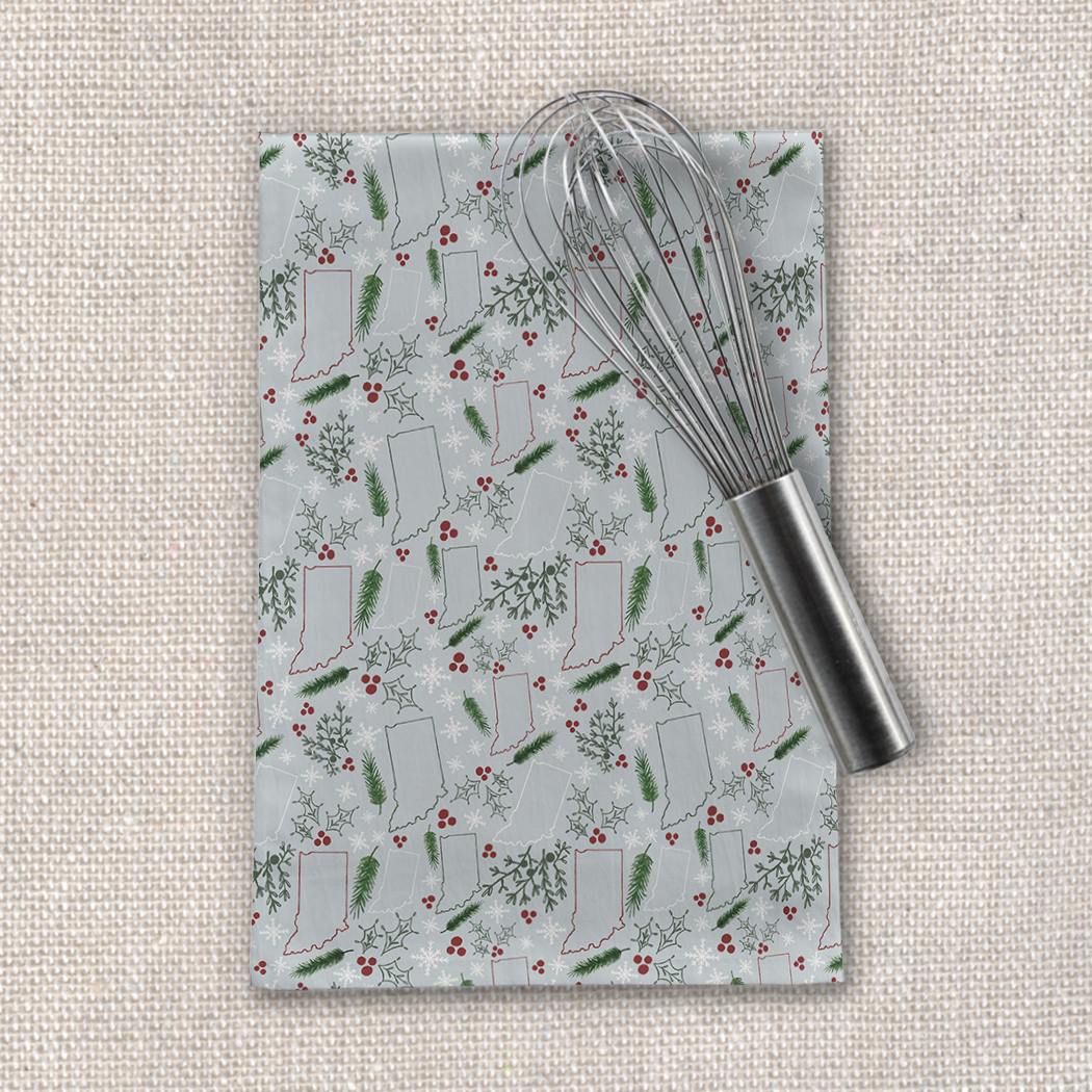 Indiana Christmas Tea Towel featuring festive design, made of durable cotton twill, measuring 18x30 inches, perfect for holiday kitchen decor.