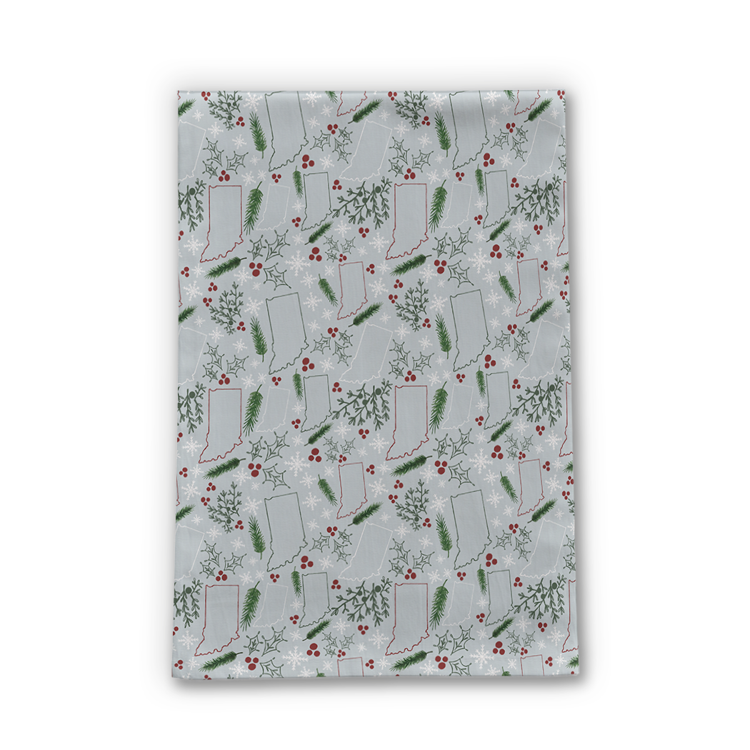 Indiana Christmas Tea Towel featuring festive design, made of durable cotton twill, measuring 18x30 inches, perfect for holiday kitchen decor.