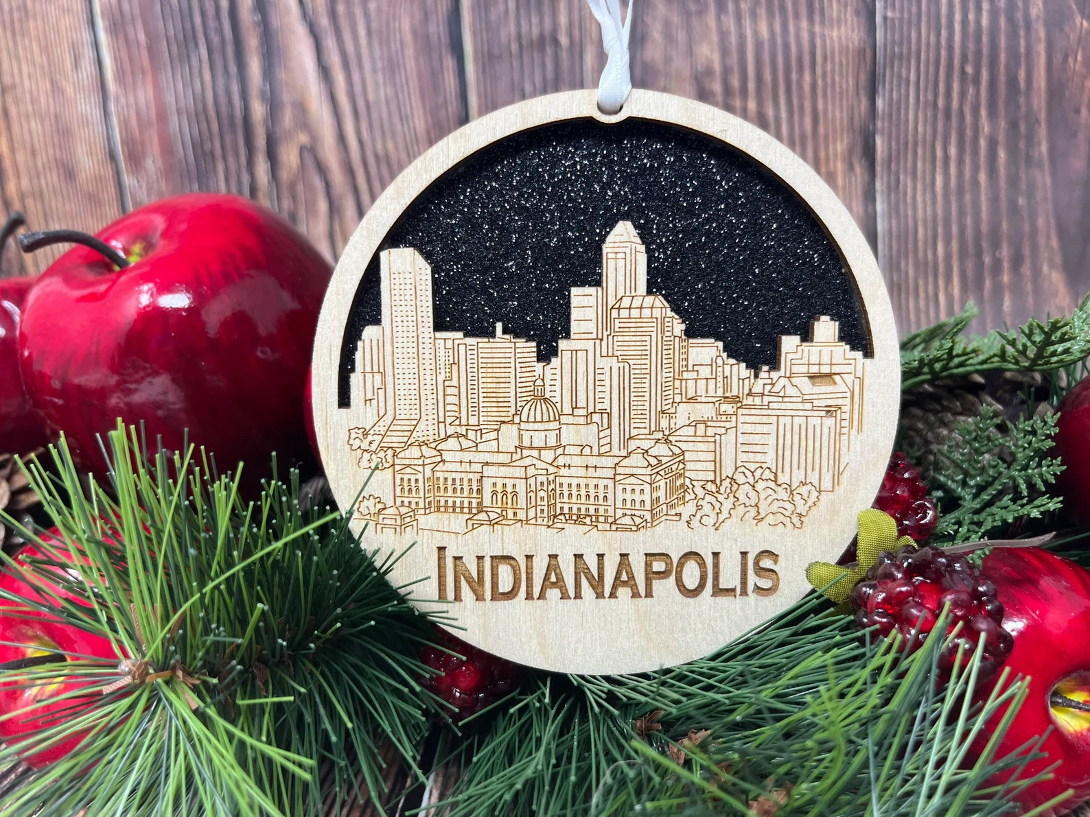 Indianapolis skyline ornament made from premium Baltic birch wood, showcasing intricate city skyline design.