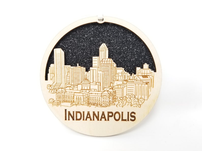 Indianapolis skyline ornament made from premium Baltic birch wood, showcasing intricate city skyline design.