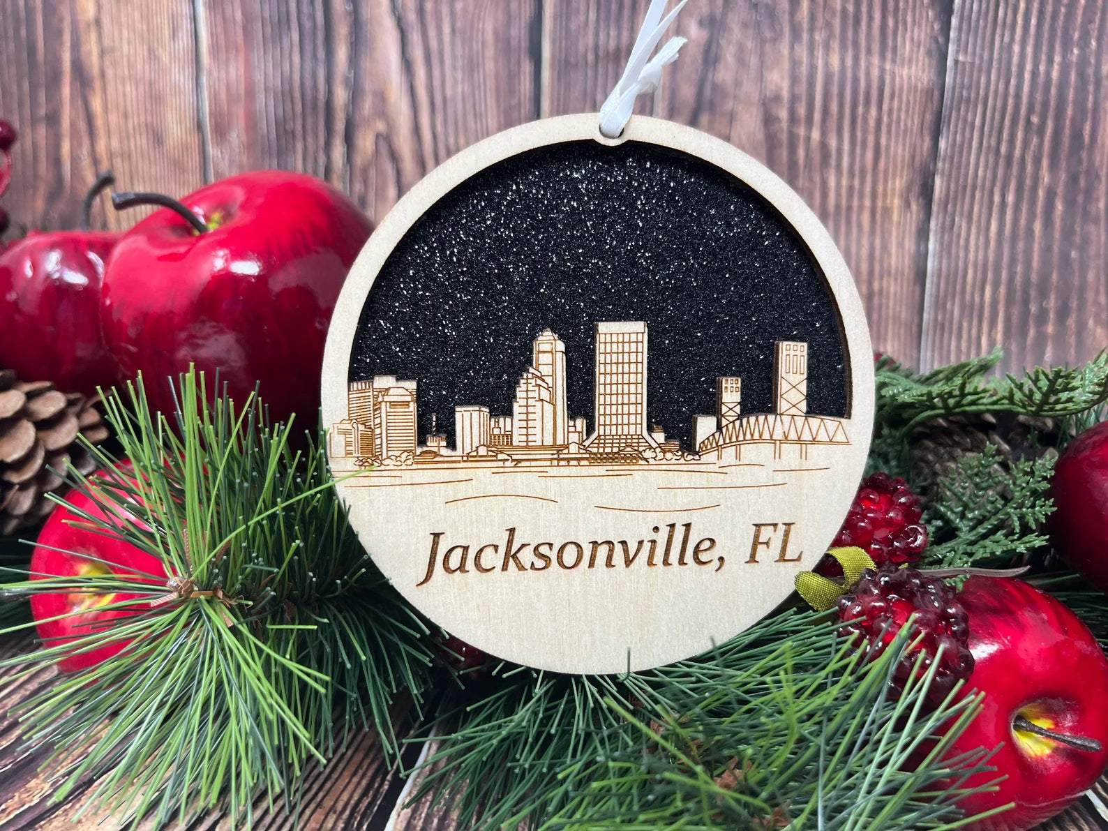 Jacksonville Skyline Ornament made from premium Baltic birch wood, showcasing intricate skyline details.