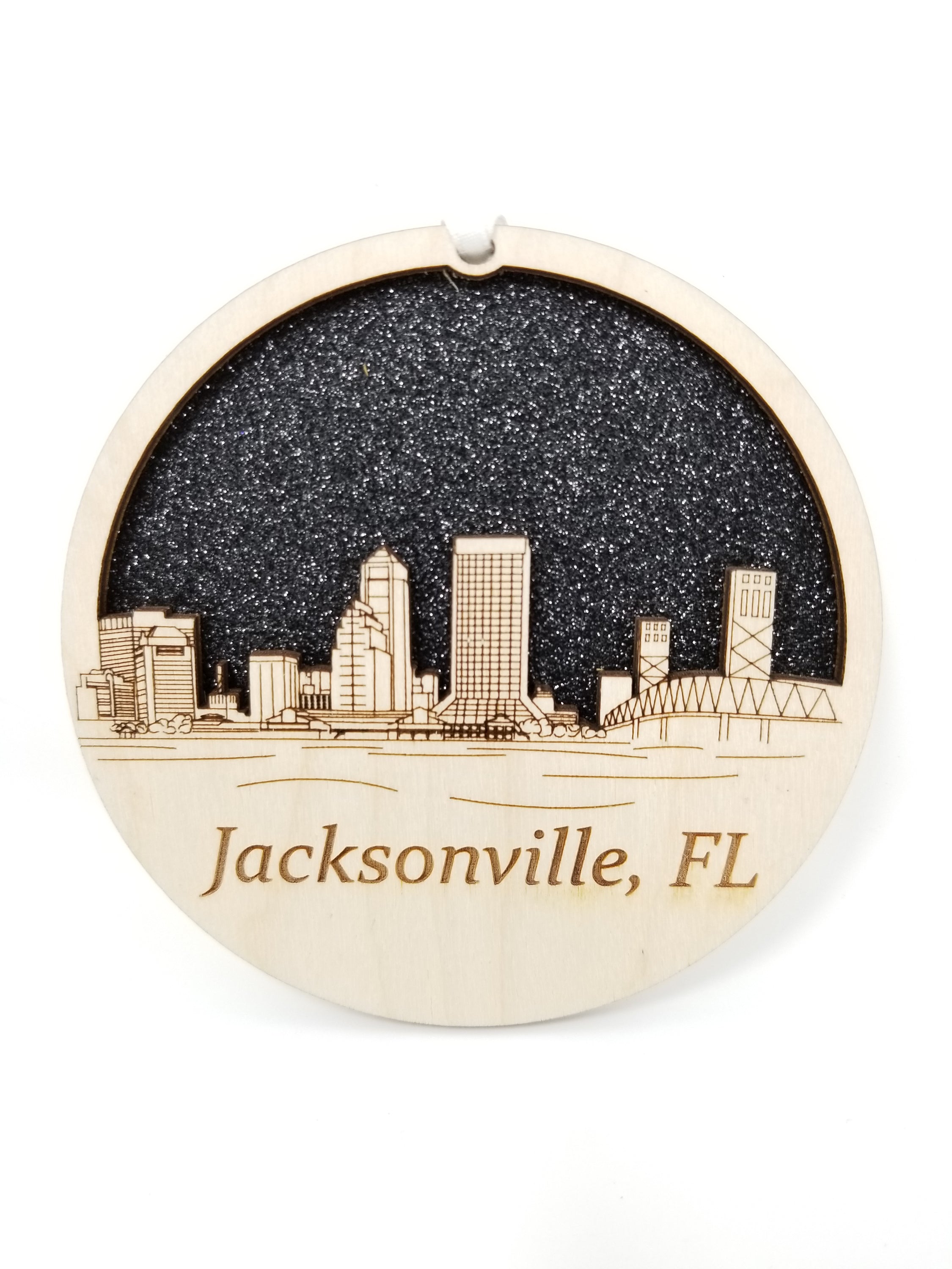 Jacksonville Skyline Ornament made from premium Baltic birch wood, showcasing intricate skyline details.